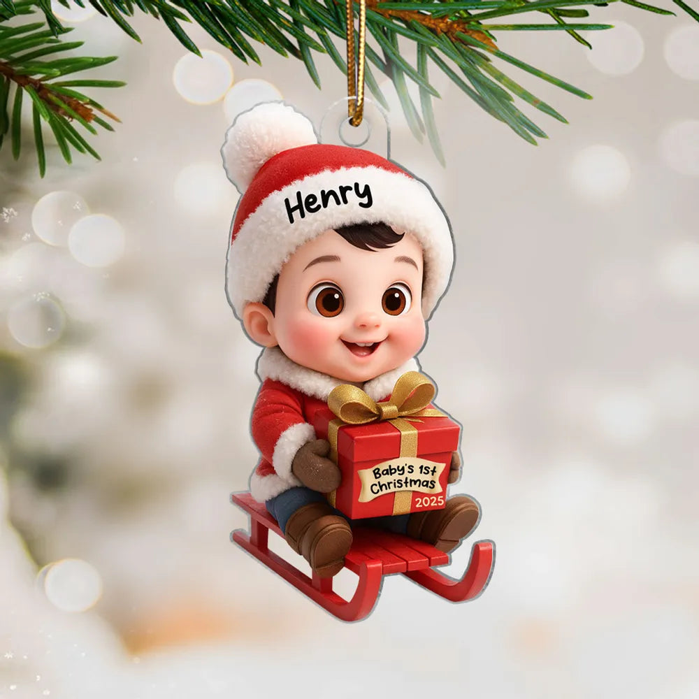 Acrylic Ornament with Baby in Santa Outfit on Sleigh, High Clarity, Heartwarming Christmas Gift