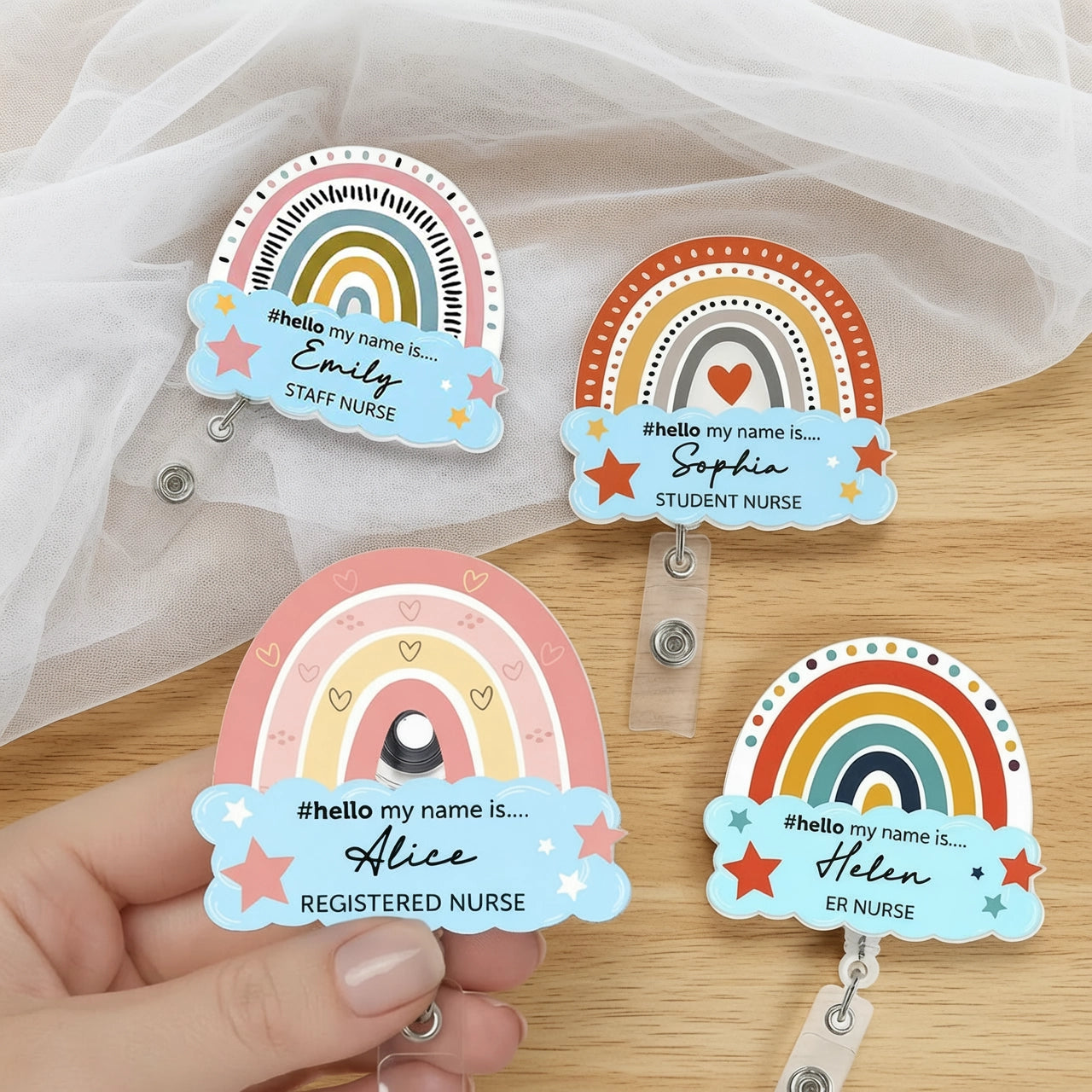 Hello My Name Is Acrylic Badge Reel With Rainbow And Stars - Personalized Nurse Gift For Workdays