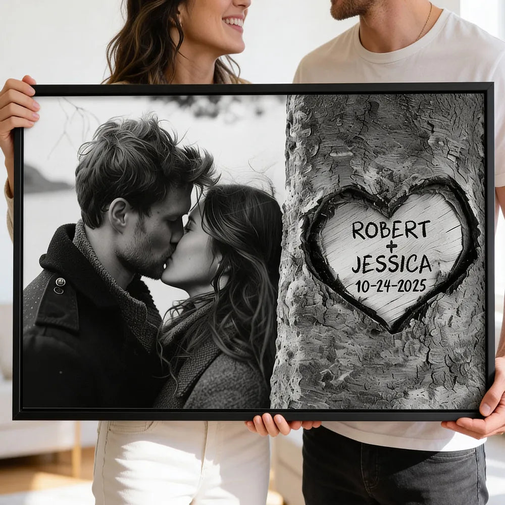 Personalized Couple Kissing Poster with Heart Carved Tree Design Romantic Wall Art, Unique Creative Gift for Him or Her