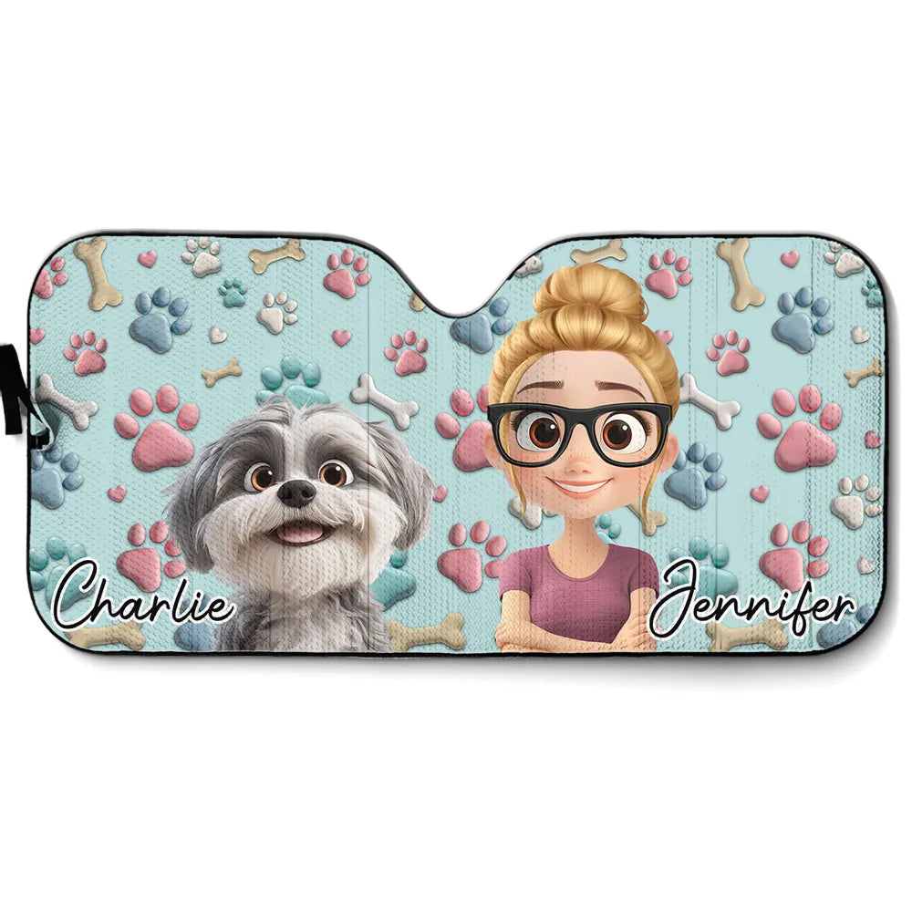 Custom Dog & Owner Windshield Sunshade – Paw-Print Car Accessory for Pet Lovers