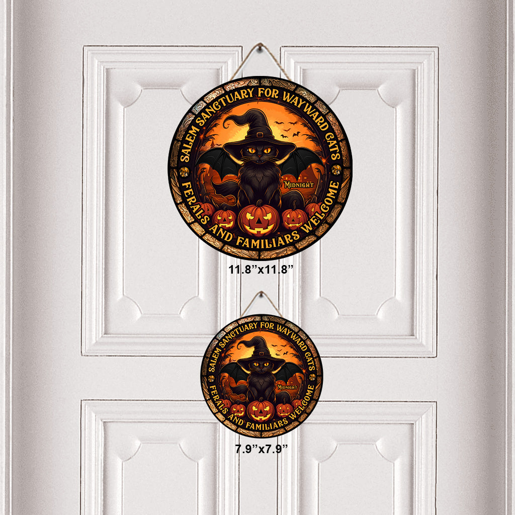 Salem Sanctuary for Wayward Cats - Personalized Black Cat Round Wood Sign