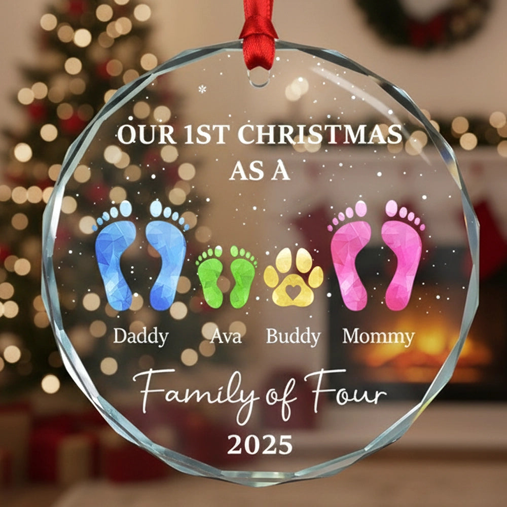 Crystal Ornament with Family Footprints & Paw Print Design, Warm Holiday Keepsake, Perfect Gift for Loved Ones
