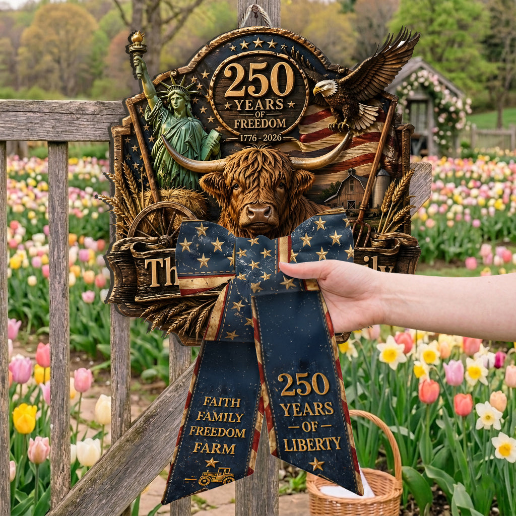 Celebrate 250th Anniversary, Highland Cow Lovers, Farmer Gift - Personalized Highland Cow Shaped Wood Sign With Sash