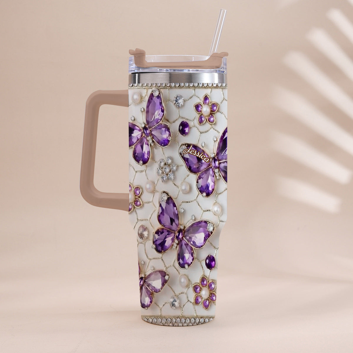Love Butterflies - Personalized Butterfly Tumbler With Handle