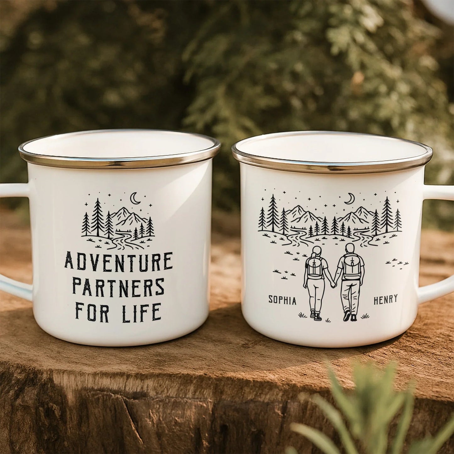 Personalized Enamel Mug Adventure Partners For Life Hiking Couple Gift, Minimal Mountain Line Art