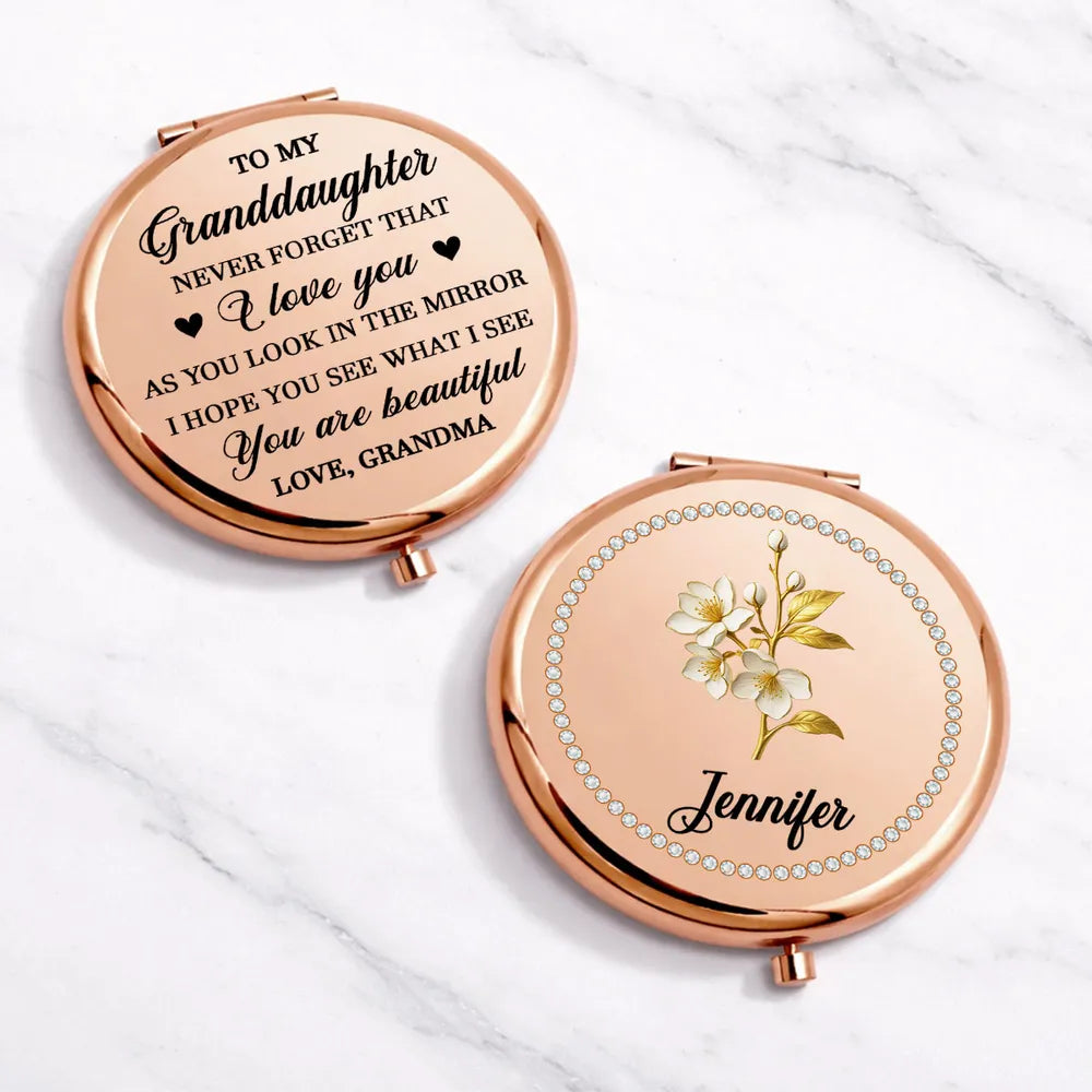 Personalized Metal Compact Mirror for Granddaughter, Floral Name Design, Sweet Everyday Reminder, Unique Gift