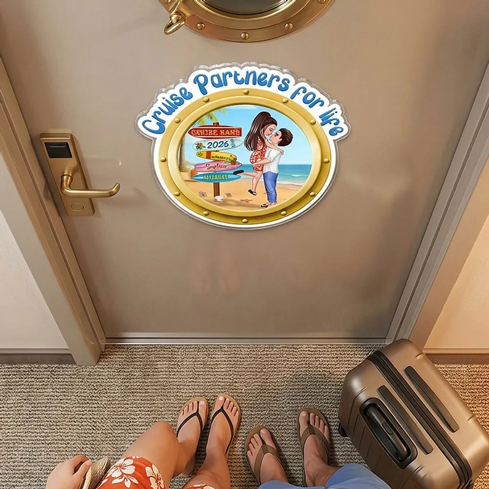Personalized Cruise Partners For Life Acrylic Magnet, Couple Kissing on a Beach Porthole, Unique Cruise Door Gift
