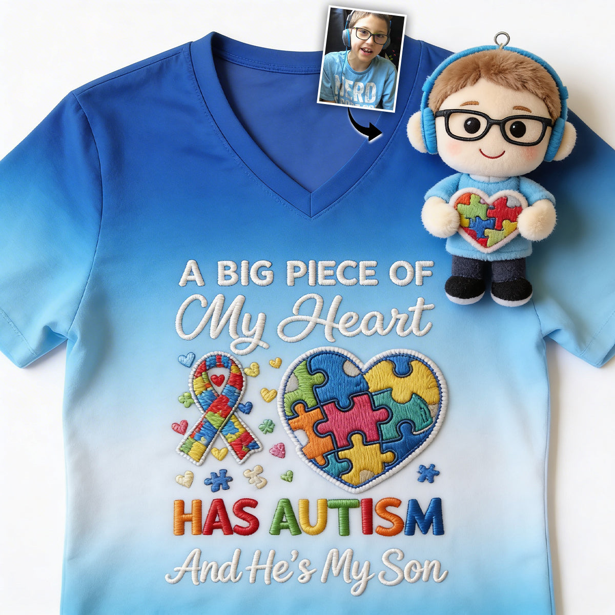 A Piece Of My Heart Has Autism - Personalized Autism Awareness V-Neck T-Shirt With Plush Pin