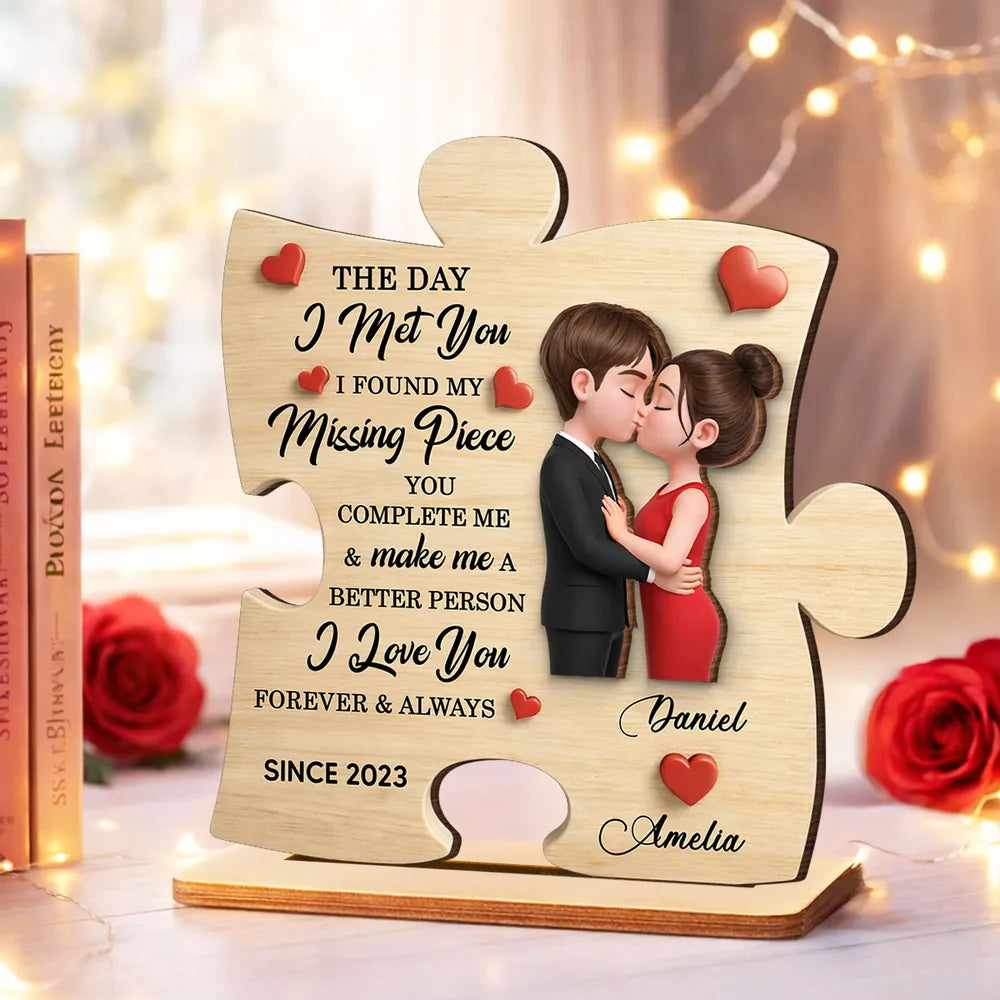 Personalized 2-Layer Wooden Plaque Puzzle Couple Kissing Romantic Keepsake for Bedroom or Living Room Display Unique Gift