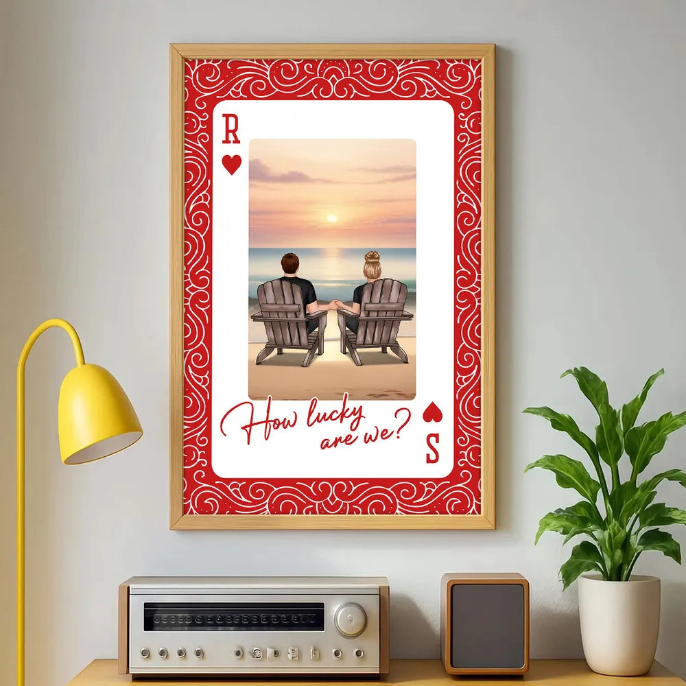 How Lucky Are We Poster, Personalized Couple Beach Sunset Wall Art, Romantic Gift For Couples And New Home Decor
