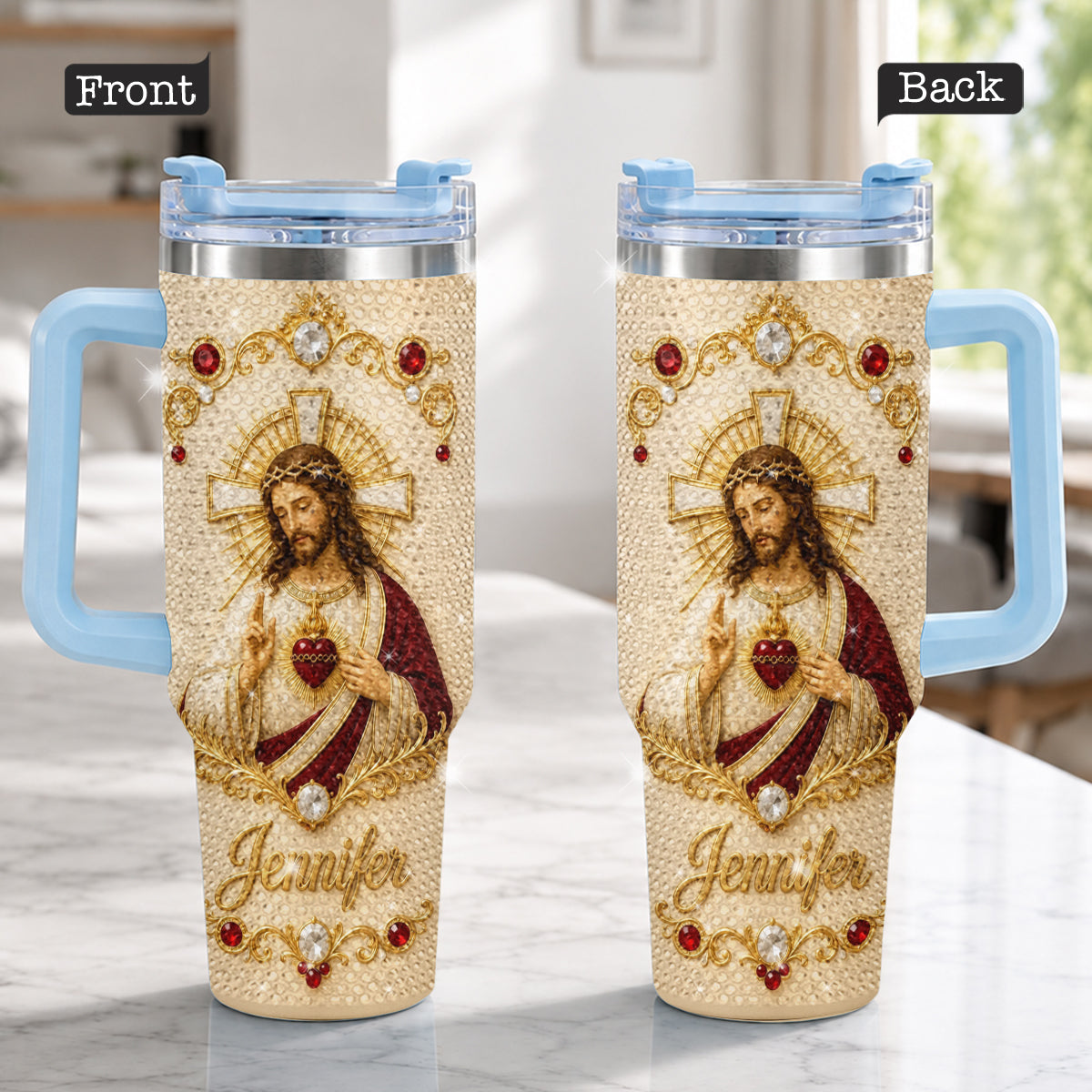 God Bless You - Personalized Christian Rhinestone Tumbler With Handle