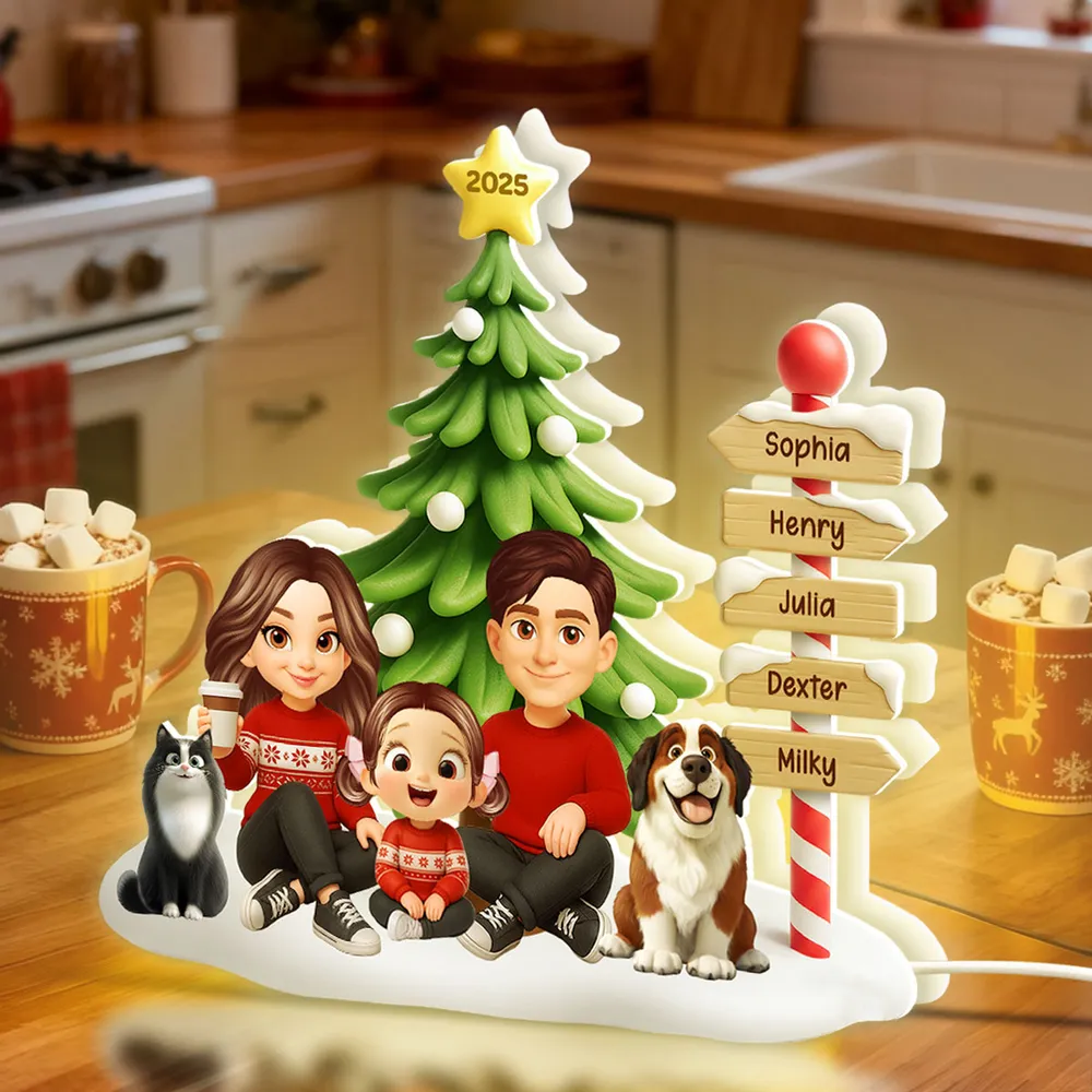 Acrylic Light Box, Custom Family & Pets under Christmas Tree, Soft Warm Glow Décor, a Unique Gift for Mom & Dad