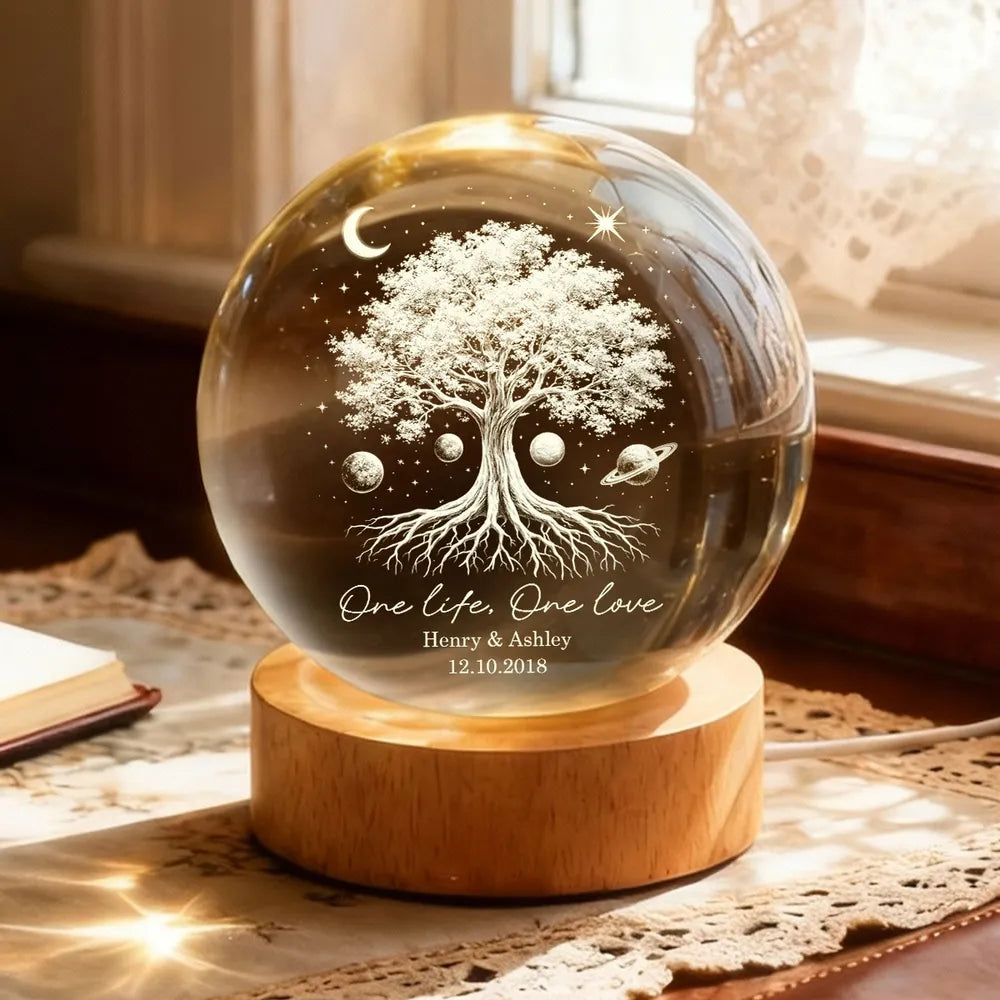 Personalized Globe Lamp with Tree of Life & Starry Night Design, Cozy Bedside Decor, Unique Gift for Couples
