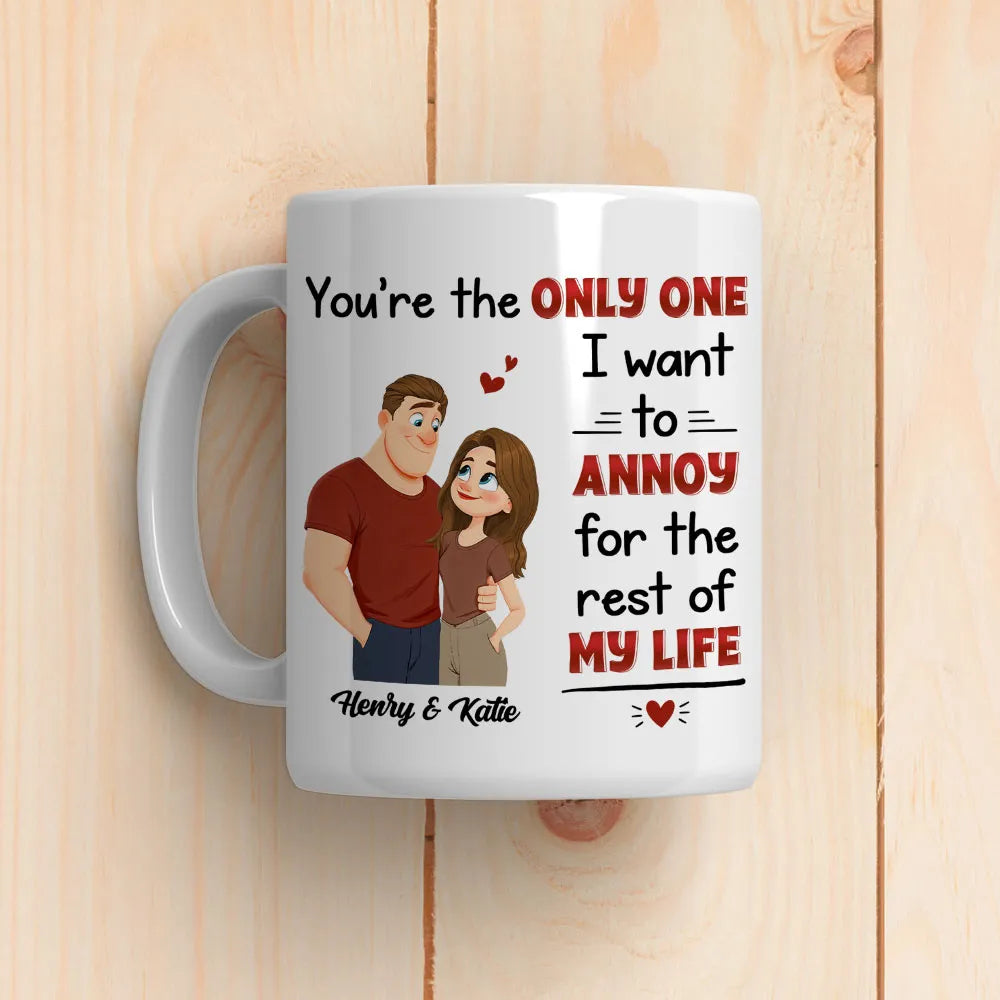 Personalized White Ceramic Mug with Cute Couple Illustration Funny Annoying Love Quote Unique Gift for Couples