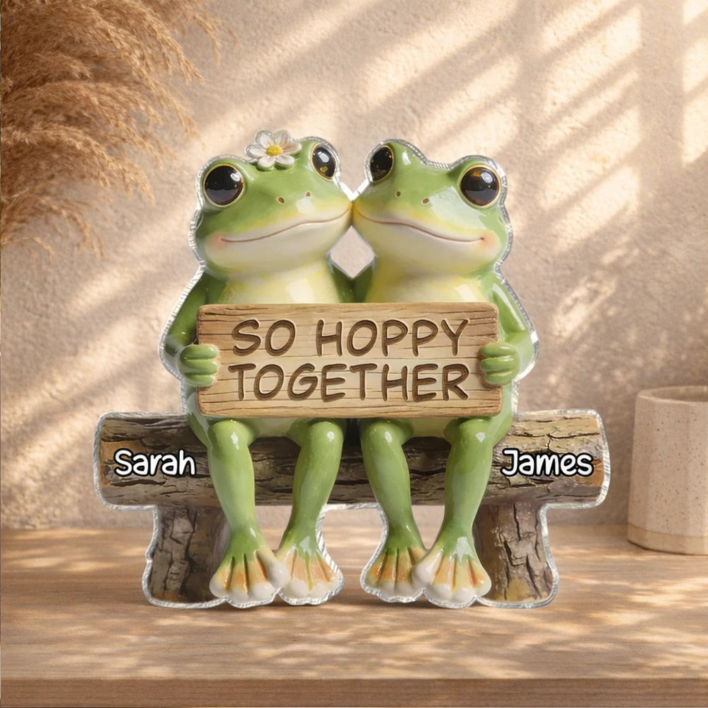 Shaped Acrylic Block Plaque Personalized Love Keepsake, Sweet Frog Couple Bench Scene with 'So Hoppy Together', Thoughtful Gift