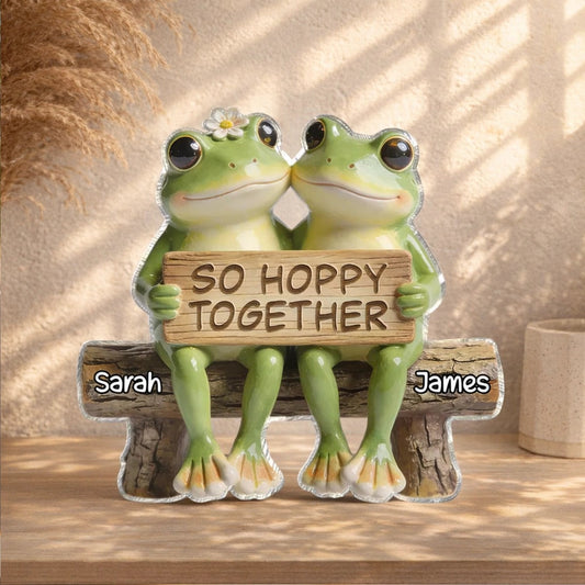 Shaped Acrylic Block Plaque Personalized Love Keepsake, Sweet Frog Couple Bench Scene with 'So Hoppy Together', Thoughtful Gift