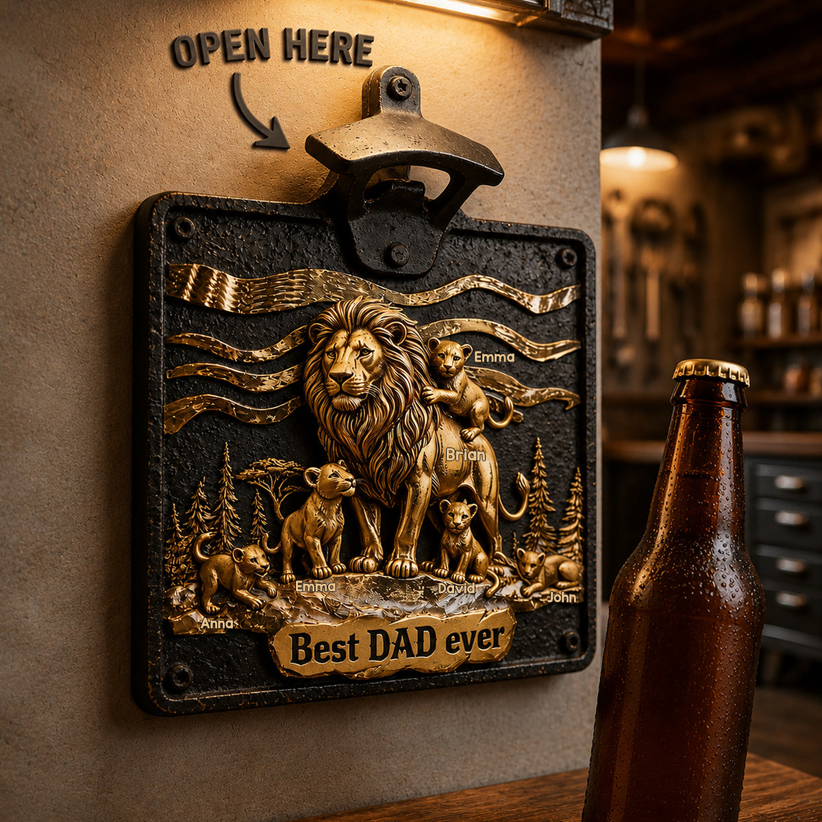 Lion Dad And Kids - Personalized Father Wall Bottle Opener