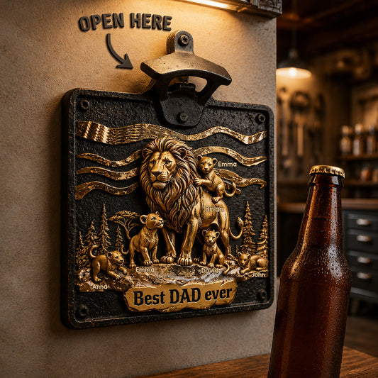 Lion Dad And Kids - Personalized Father Wall Bottle Opener