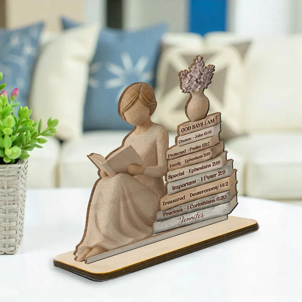 Personalized 2-Layer Wooden Plaque God Says I Am Book Stack Design for Nursery or Living Room, Unique Faith Gift for Her