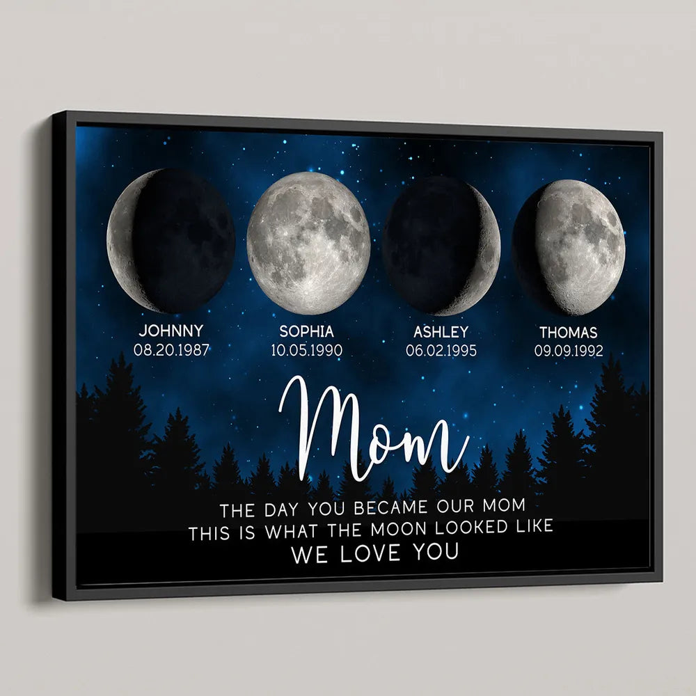 Personalized Moon Phase Mom Poster, Custom Night Sky Wall Art, The Day You Became Our Mom Unique Gift for Mom