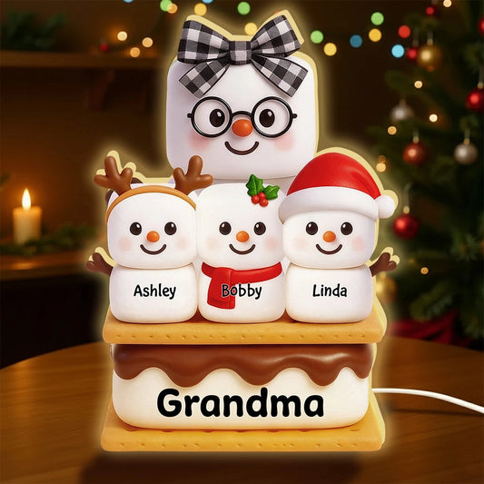 Personalized Acrylic Light Box - Cute S'mores Marshmallow Stack with Santa Hats & Warm Glow - Unique Gift for Grandma