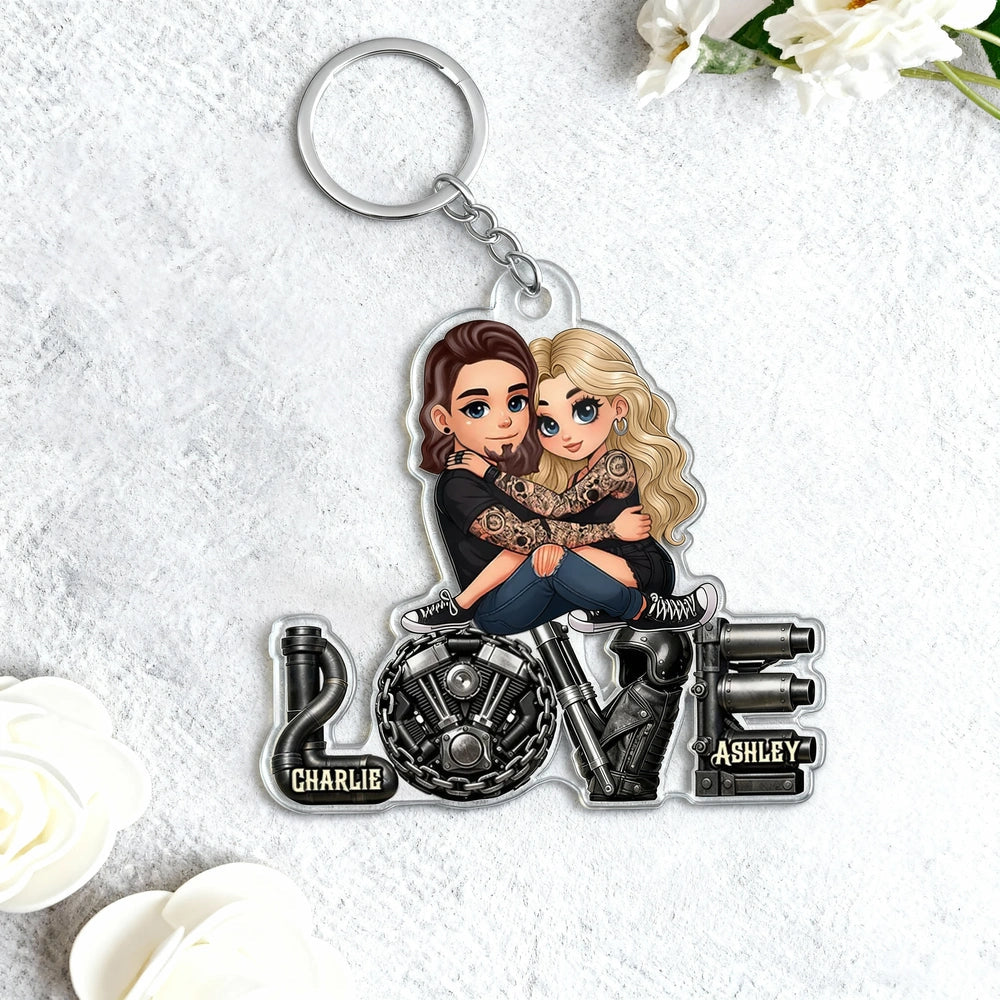 Personalized Biker Couple Acrylic Keychain Cute Cartoon Hugging Riders Cool Accessory Unique Gift for Him or Her