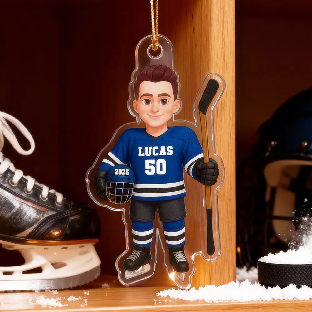 Acrylic Ornament - Personalized Hockey Player Cartoon Holding Stick, Christmas Tree Decor, Unique Gift for Players & Fans