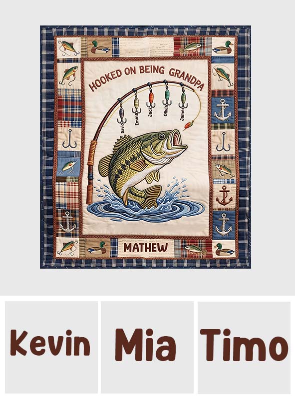 Hooked On Being Grandpa - Personalized Fishing Blanket