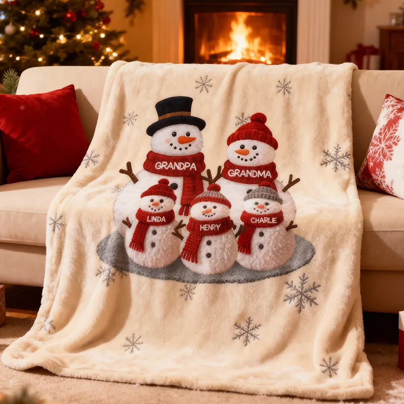 Custom Snowman Family Fleece Blanket, Snuggly Holiday Fleece for Grandma and Grandpa, Unique Personalized Christmas Gift