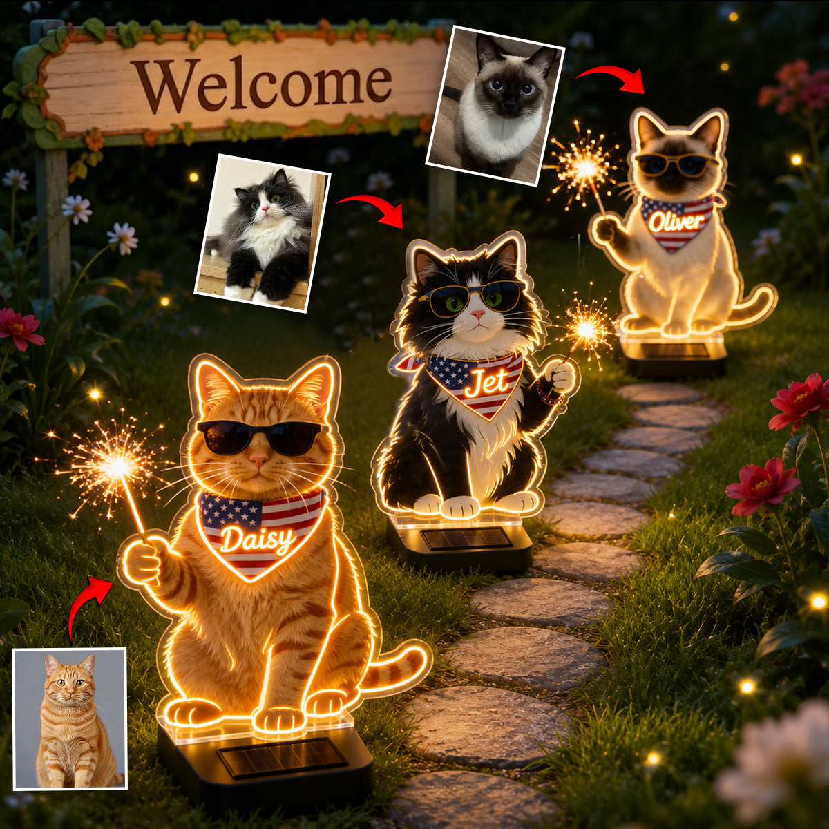 Celebrate 4th Of July - Personalized Cat Solar Acrylic Light