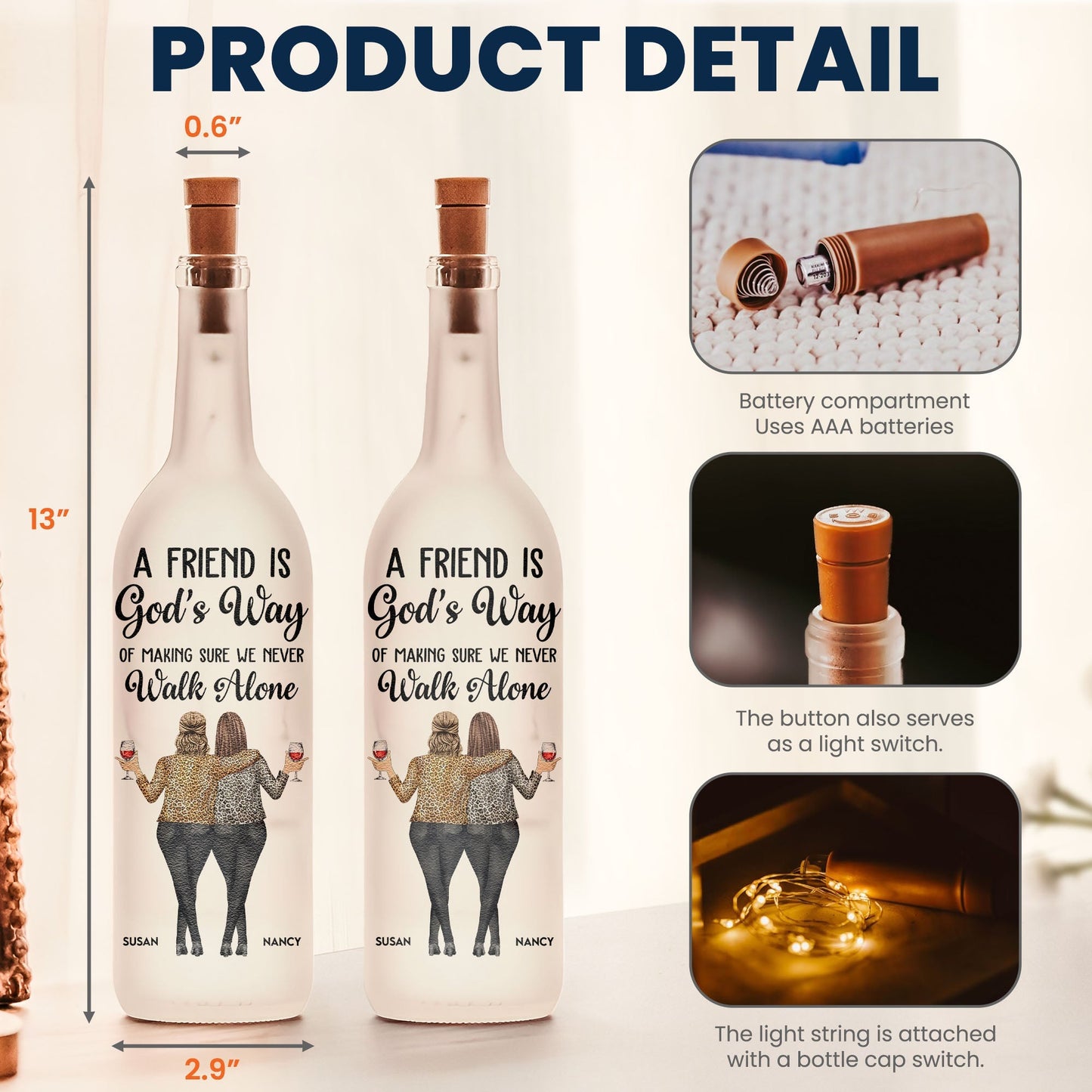 “A Friend Is God’s Way” Bottle Lamp, Glowing Personalized Gift for Best Friends & Sisters