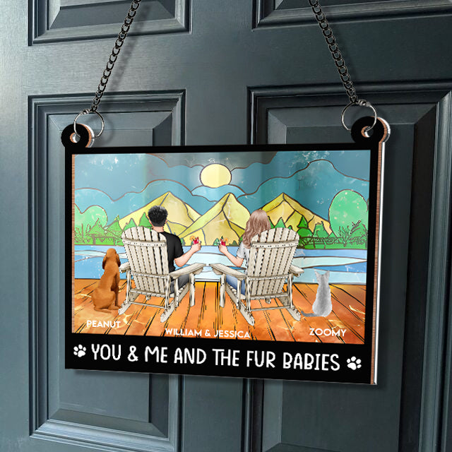 "Rustic Couple and Dogs Wood & Acrylic Ornament - Personalized Mountain View Gift"