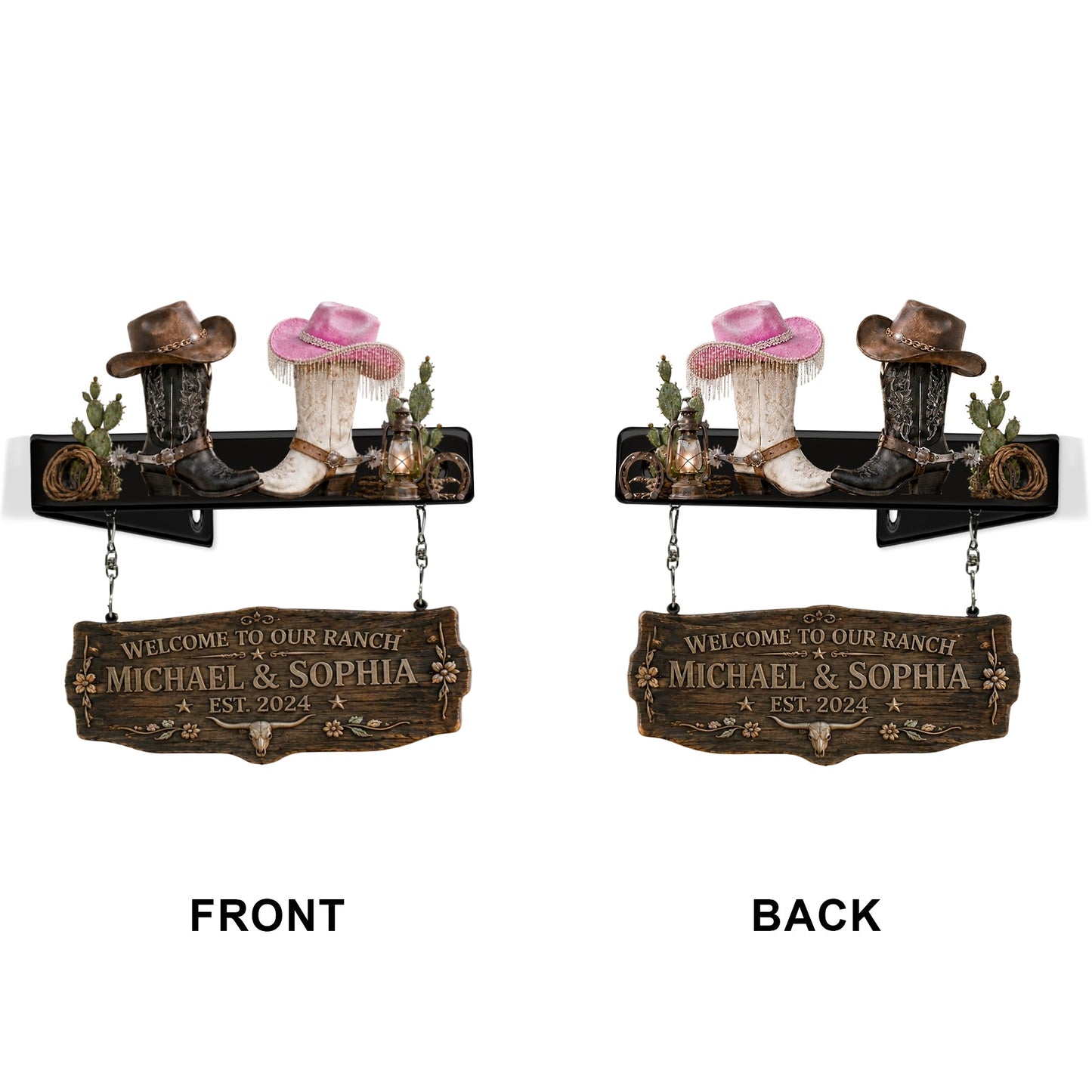 Cowboy Cowgirl Couple - Personalized Western Outfit Wooden Wall Mount Sign