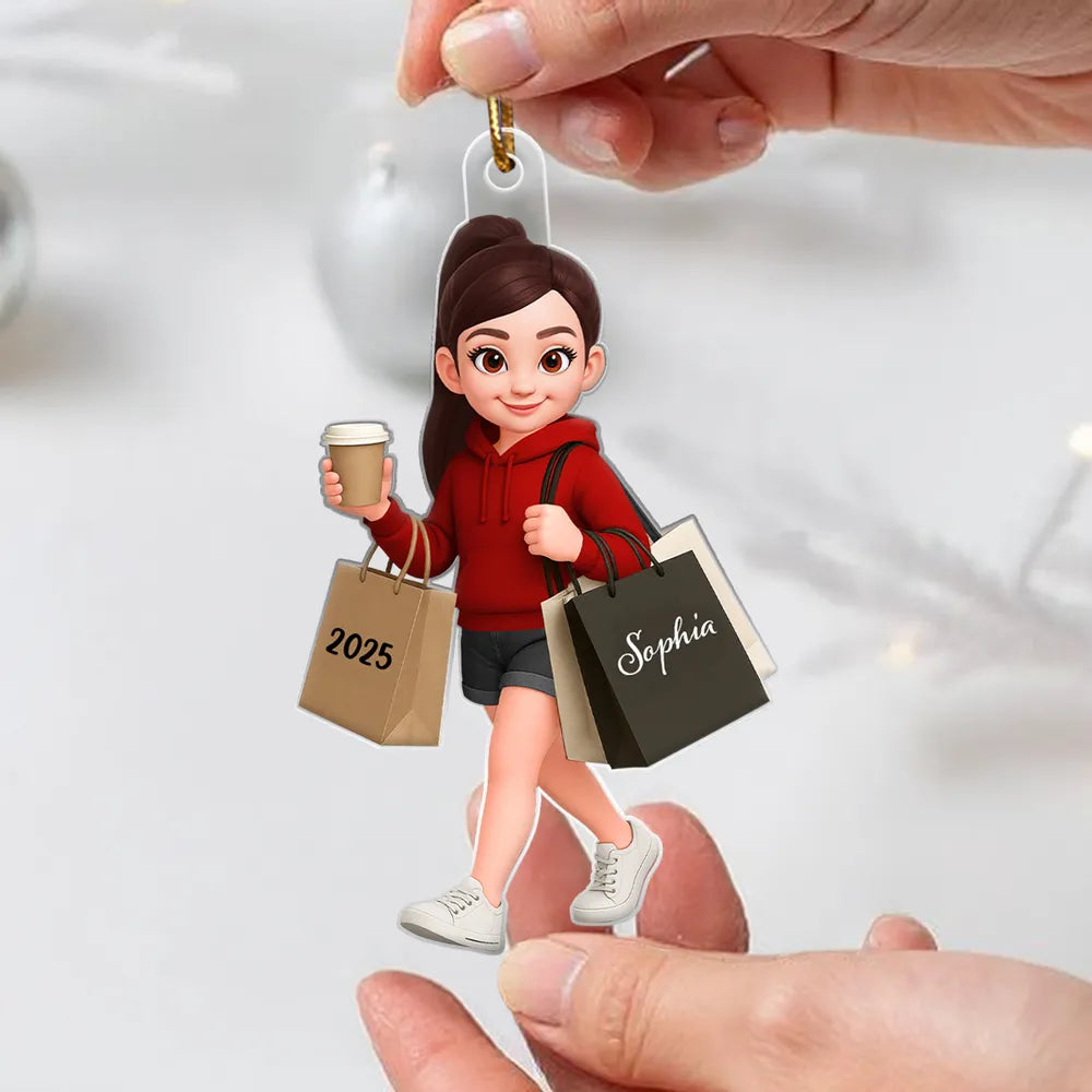 Ornament - Personalized Cute Shopper with Coffee, Cartoon, Easy to Hang, Unique Gift for Best Friend or Daughter