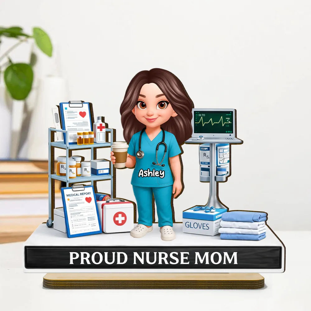 Personalized Proud Nurse Mom 2-Layer Wooden Plaque, Cartoon Nurse in Hospital Scene, Unique Gift for Mom