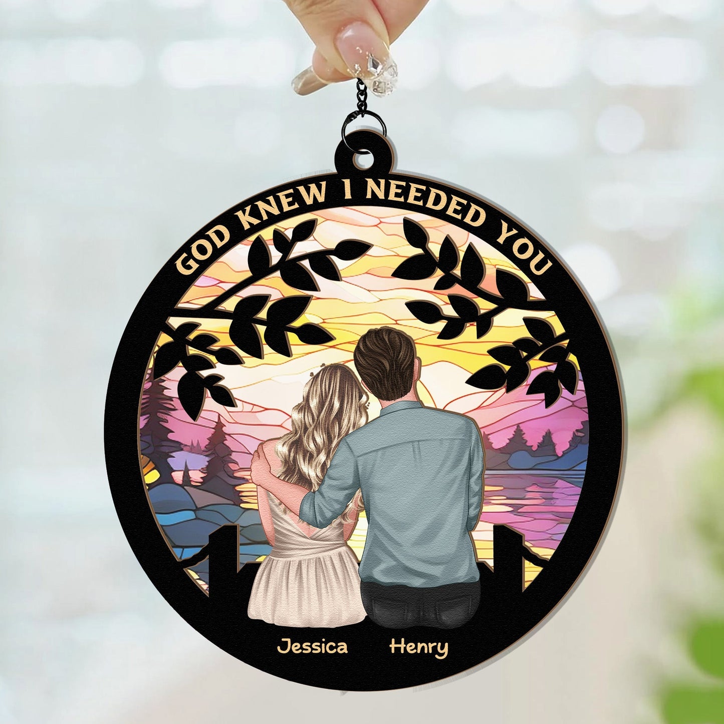 God Knew I Needed You Sunset Lake Wood and Acrylic Layered Ornament – Romantic Gift for Couples