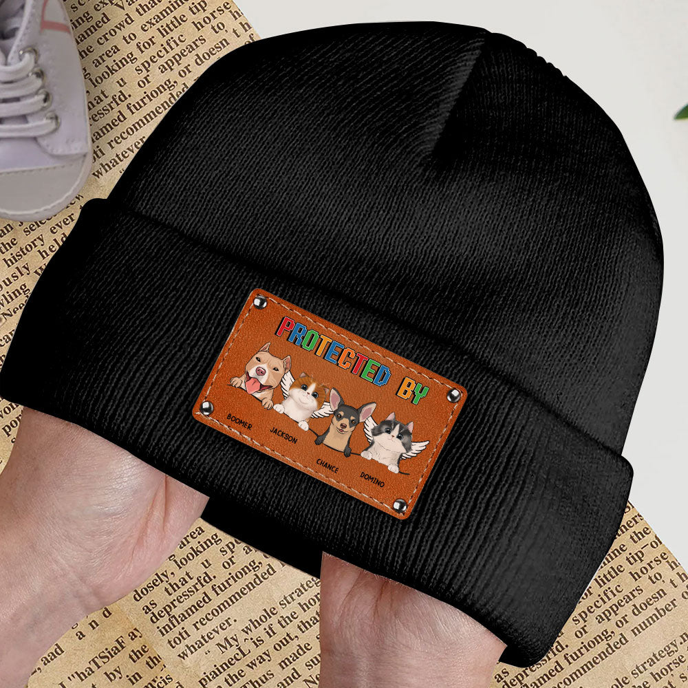 Custom Leather Patch Beanie Hat with Dog & Cat Design