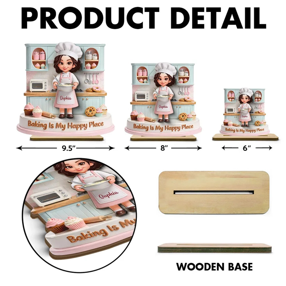 Personalized 2-Layer Wooden Plaque, Baking Is My Happy Place Cute Chef in Pastel Kitchen, Unique Gift for Mom or Grandma