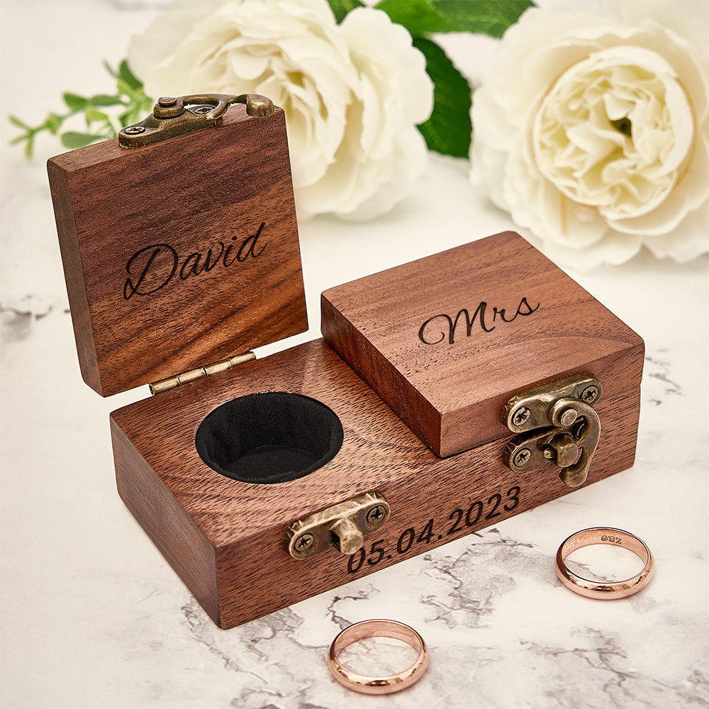 Custom Engraved Text - Personalized Name Wooden Double Ring Boxes