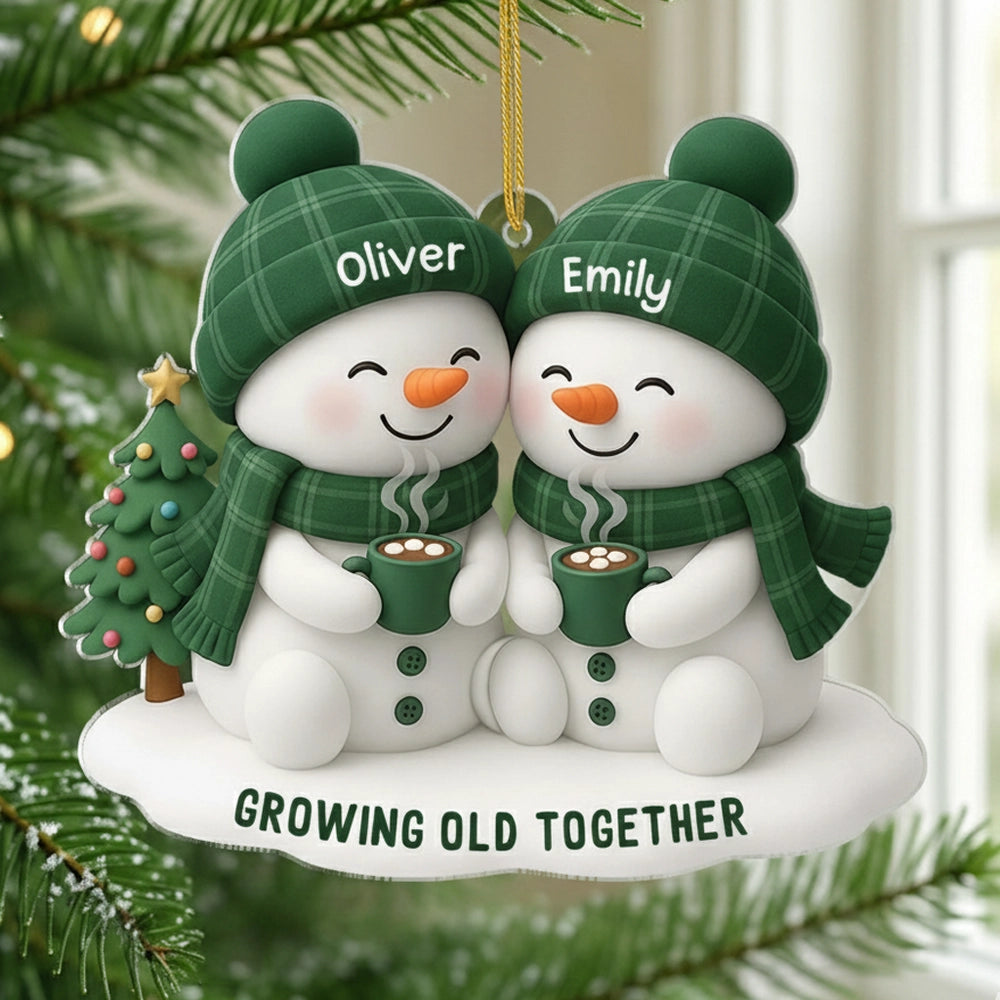 Acrylic Ornament Snowman Couple, hugging with hot cocoa for Christmas Tree, Growing Old Together unique gift for couples