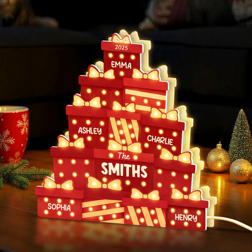 Christmas Acrylic Light Box with Marquee Gift-Box Tree, Warm Glow, Personalized, Unique Gift for Family & Friends