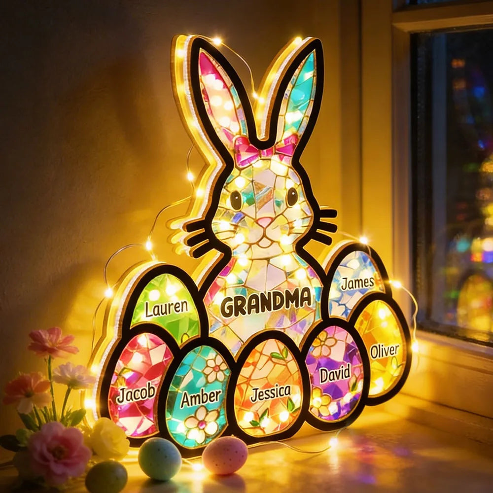 Wooden Acrylic Suncatcher Night Light Mosaic Bunny for Grandma - Personalized Easter Decor That Glows as a Unique Gift