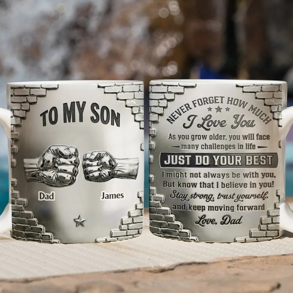 Personalized White Ceramic Mug With Fist Bump Design, To My Son Encouragement Message, Unique Gift From Dad
