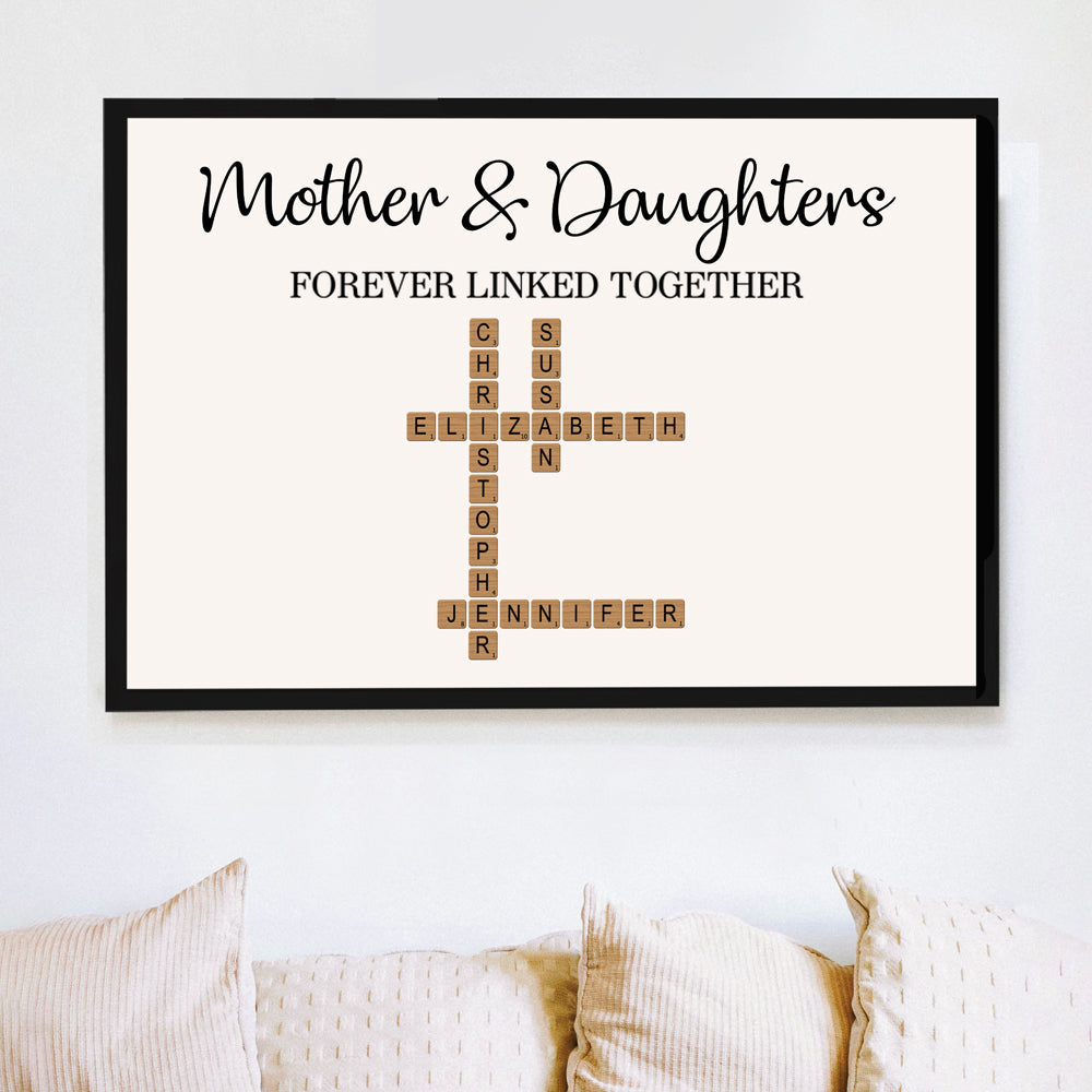 Mother & Dad & Sons & Daughter Forever Linked – Personalized Scrabble Art with Custom Names and Heartfelt Design