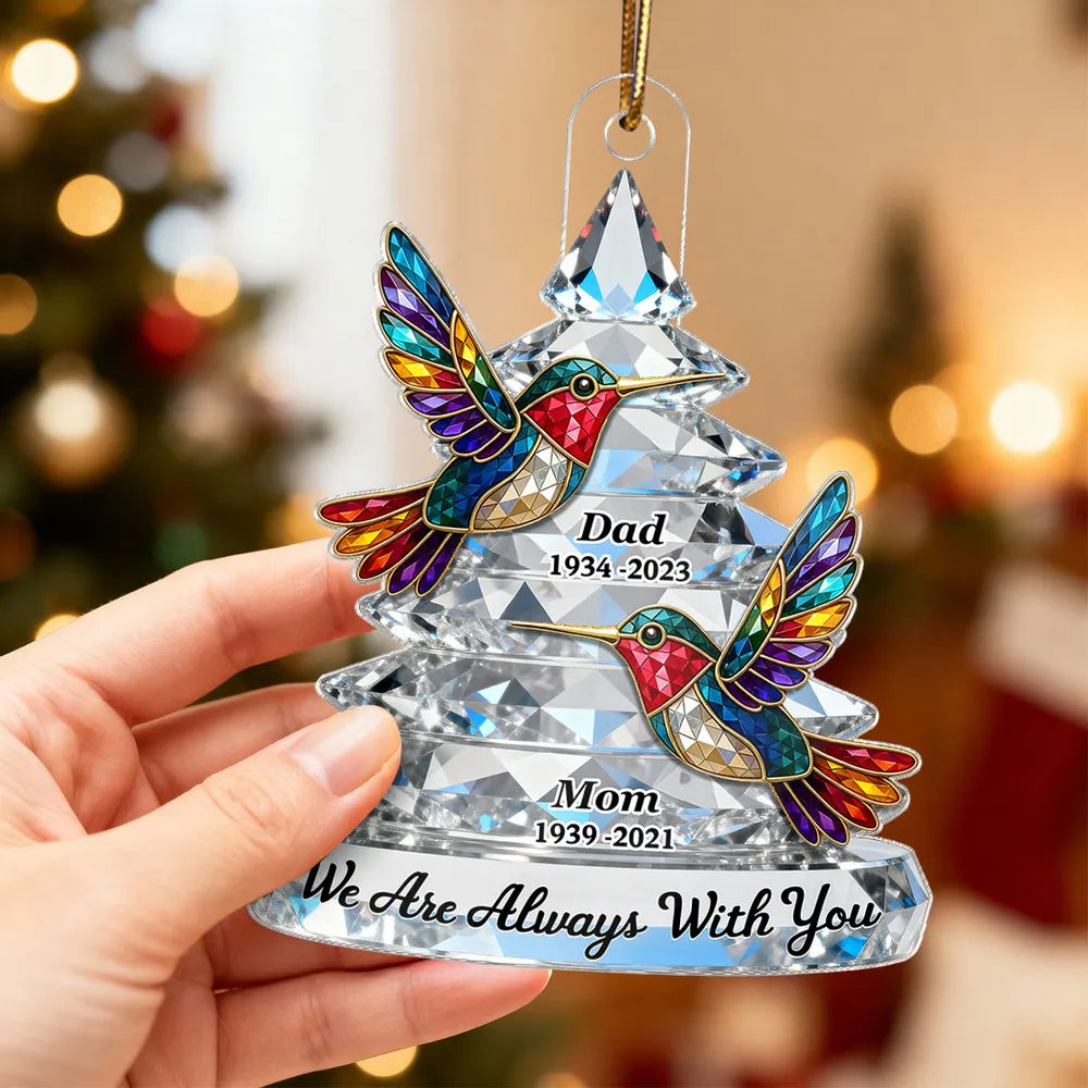 Personalized Memorial Acrylic Ornament with Colorful Hummingbirds, Christmas Tree Keepsake, Unique Sympathy Gift
