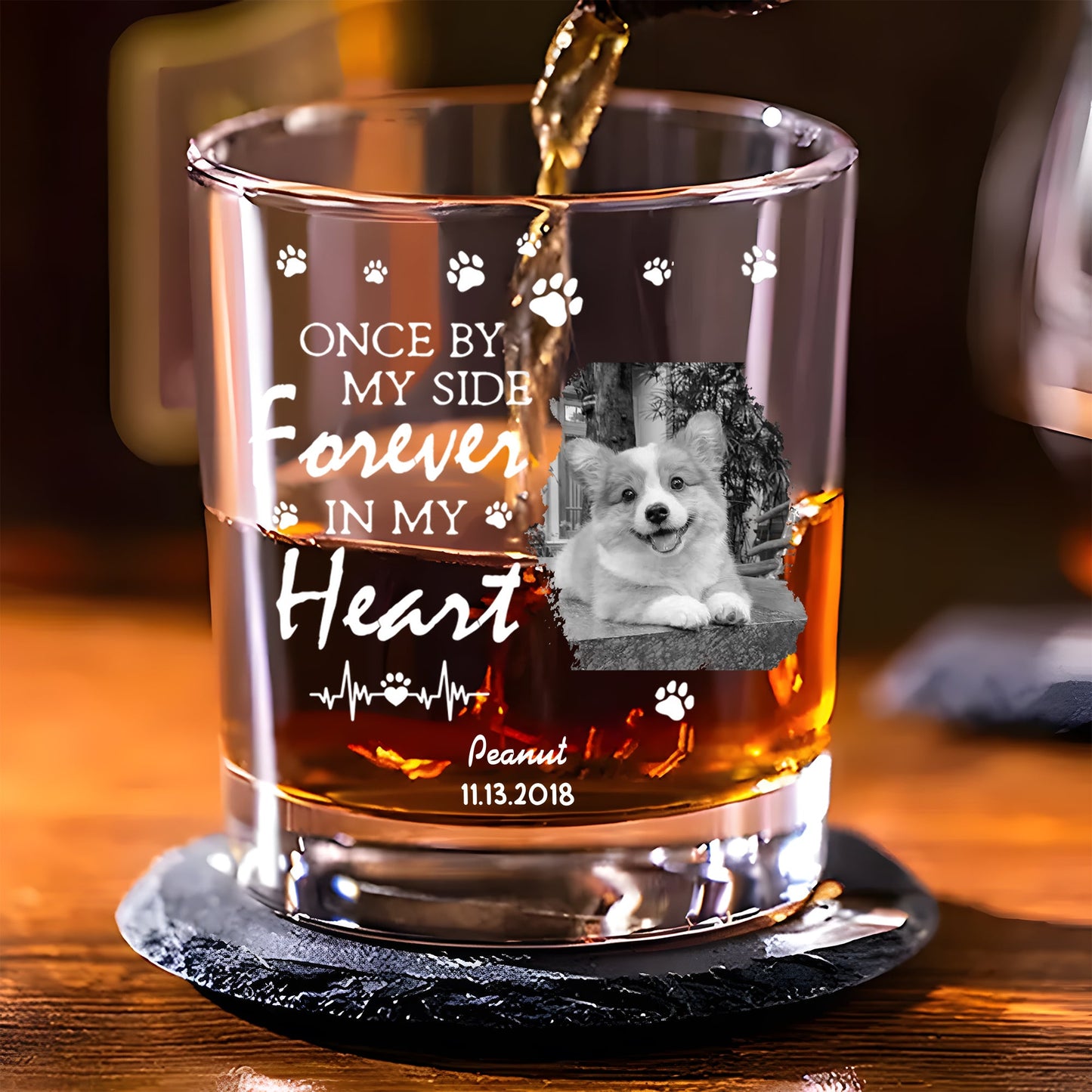 Personalized Pet Memorial Whiskey Glsses, "Forever in My Heart" Custom Keepsake with Photo and Name