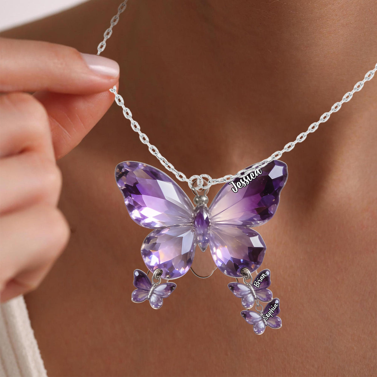 Butterfly Mom - Personalized Mother Shaped Metal Pendant Necklace