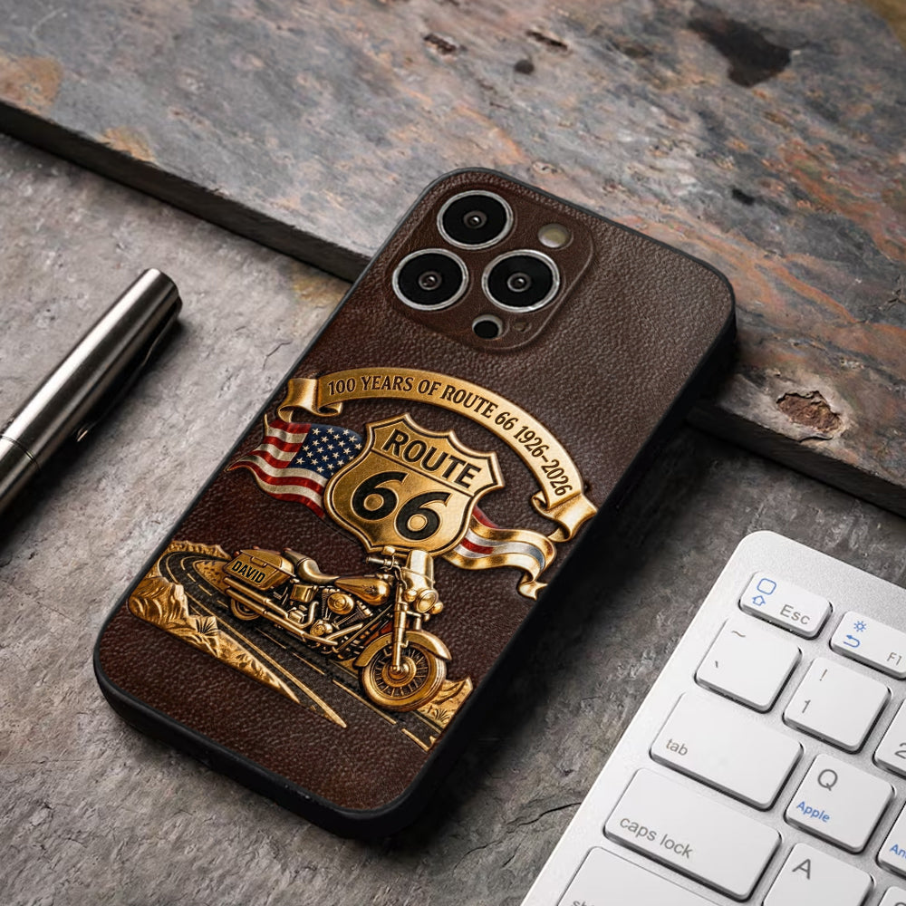 100 Years Of Route Personalized Gifts For Bikers - Personalized Biker 3D Embossed Leather Phone Case