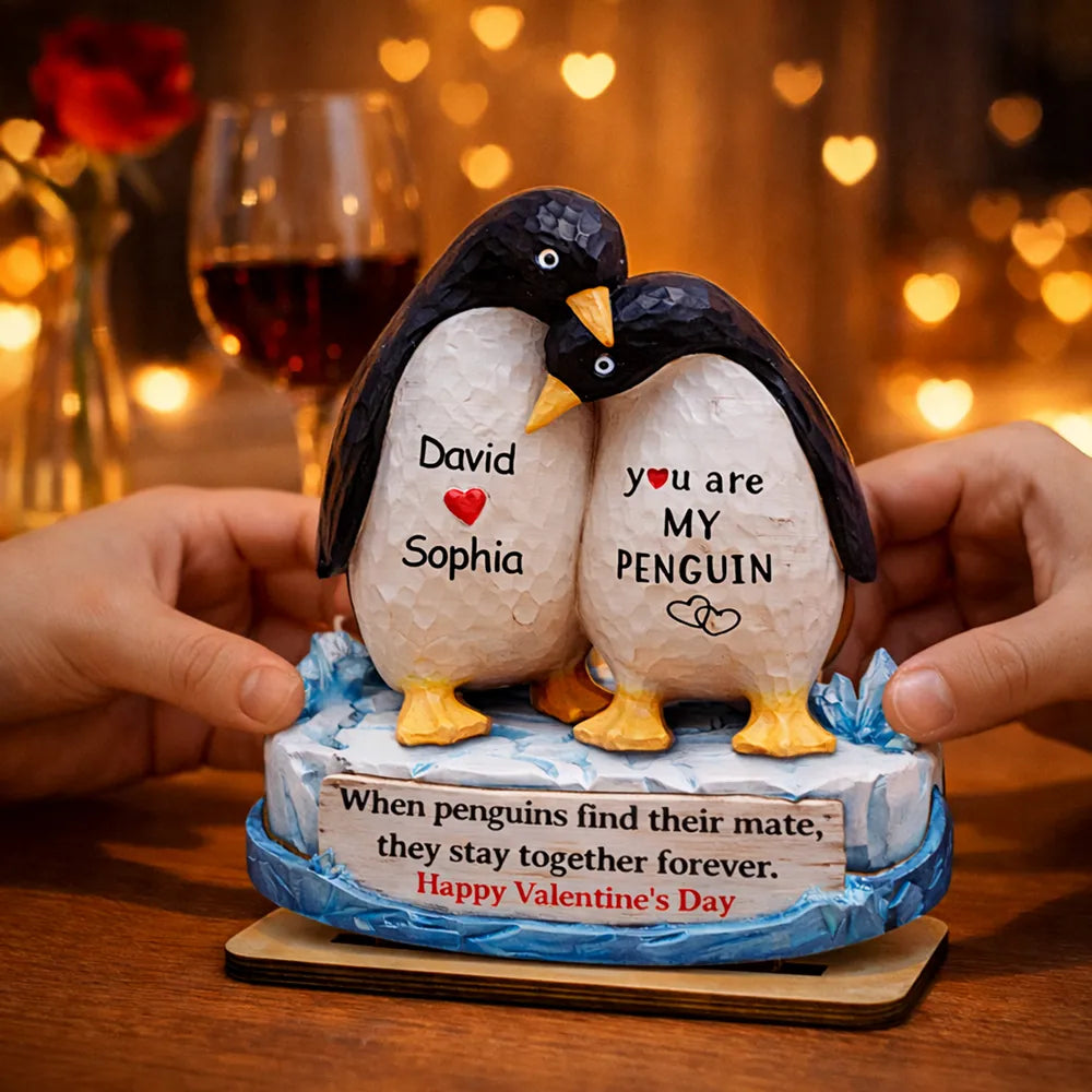 Personalized 2-Layer Wooden Plaque Penguin Couple Hugging for Valentine's Day, a Unique Romantic Gift for Him or Her