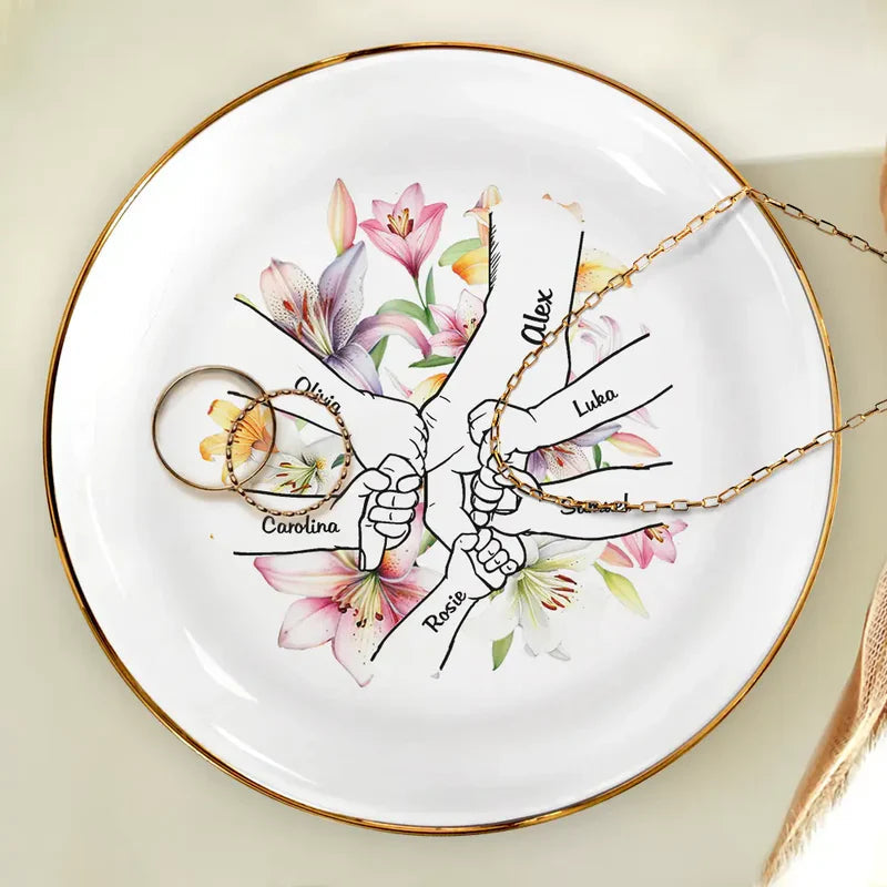 Personalized Jewelry Dish with Hand In Hand Floral Design, Sweet Vanity Decor, Unique Gift for Mom or Grandma